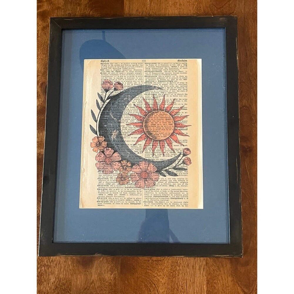Celestial Sun & Moon Dictionary Art, Distressed Black Gold Frame
